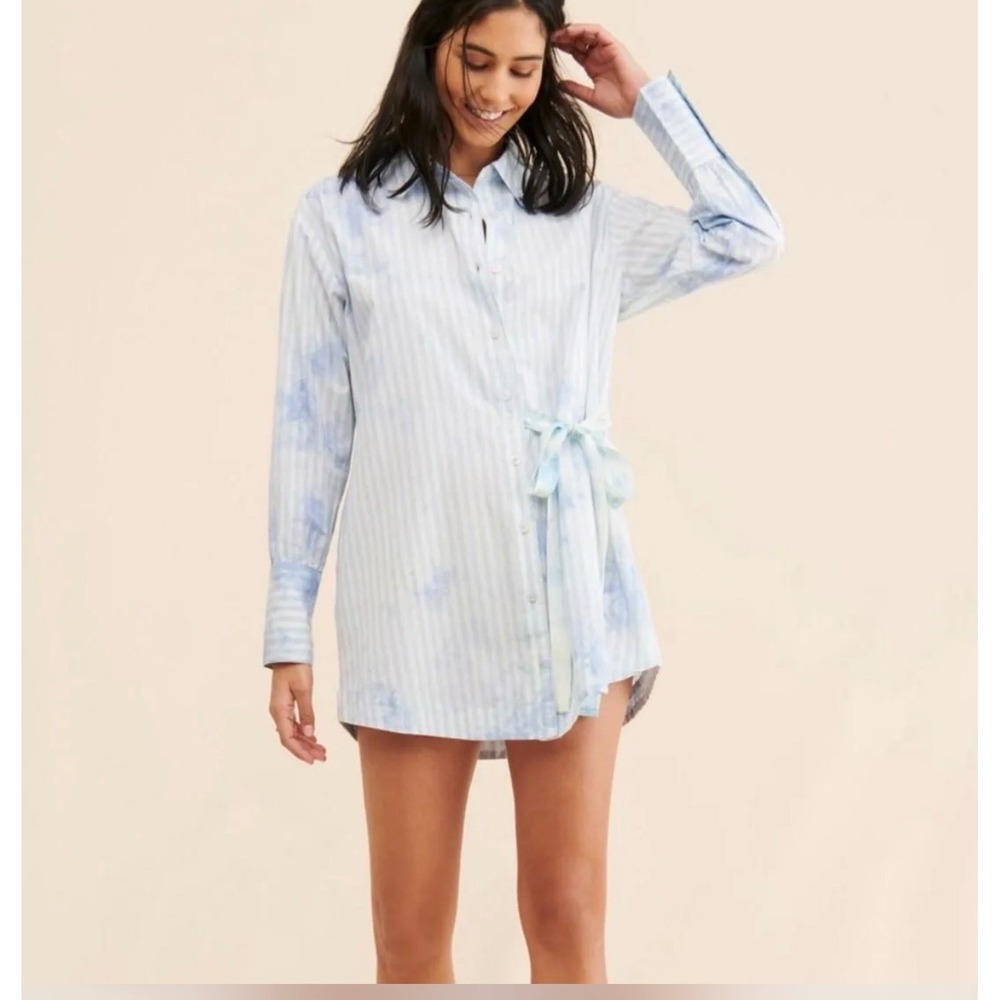 Free‎ People - Nola Blue Tie Dye Striped Wrap Shirt Dress - XL
